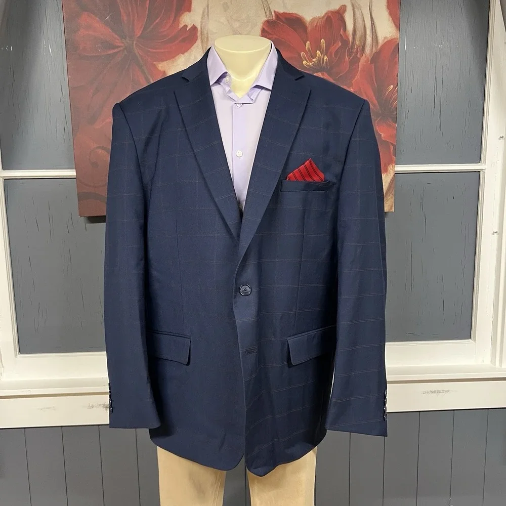 Oscar De La Renta Blazer Men 48R Classic Fit Polyester Blend Stretch Navy/Orange